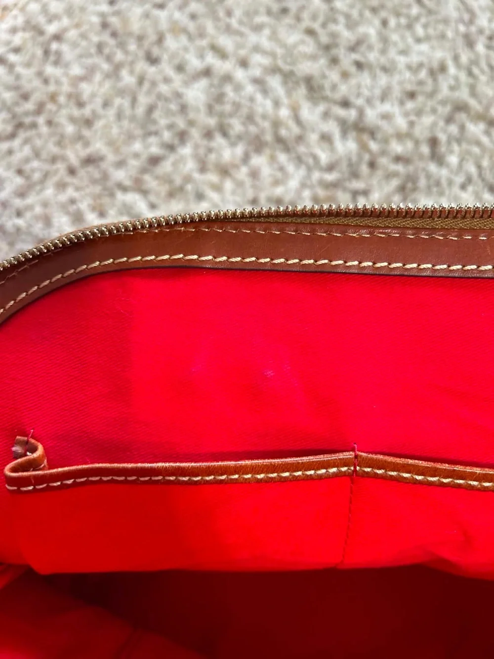 Dooney & Bourke Red and Brown Pebbled Leather Satchel with Shoulder Strap